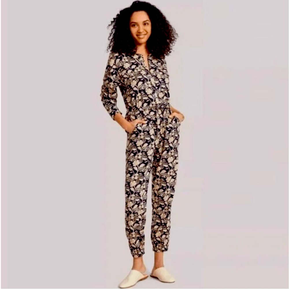 Faherty Savoie Floral Linen Blend Long Sleeve Jumpsuit Size Medium